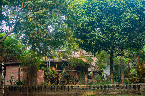 A traditional brick house hidden behind mature trees and dense tropical foliage.