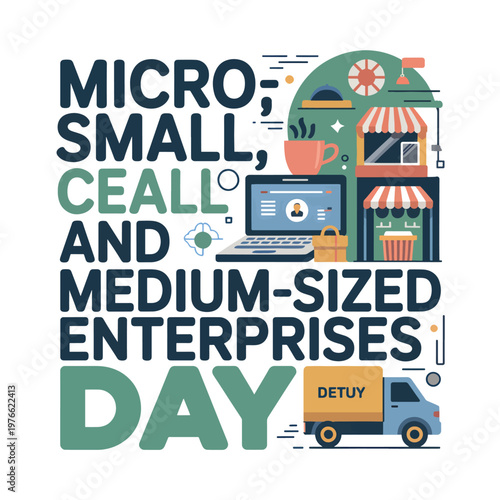 Micro, small, and medium-sized enterprises day text with laptop, shop, coffee cup, and delivery