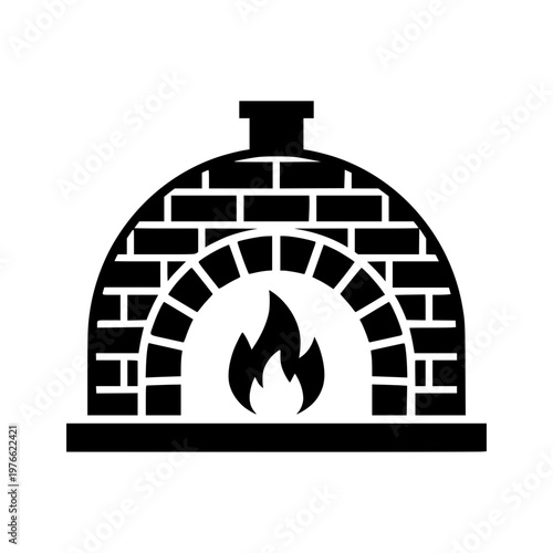 Traditional brick pizza oven vector illustration with burning fire.
