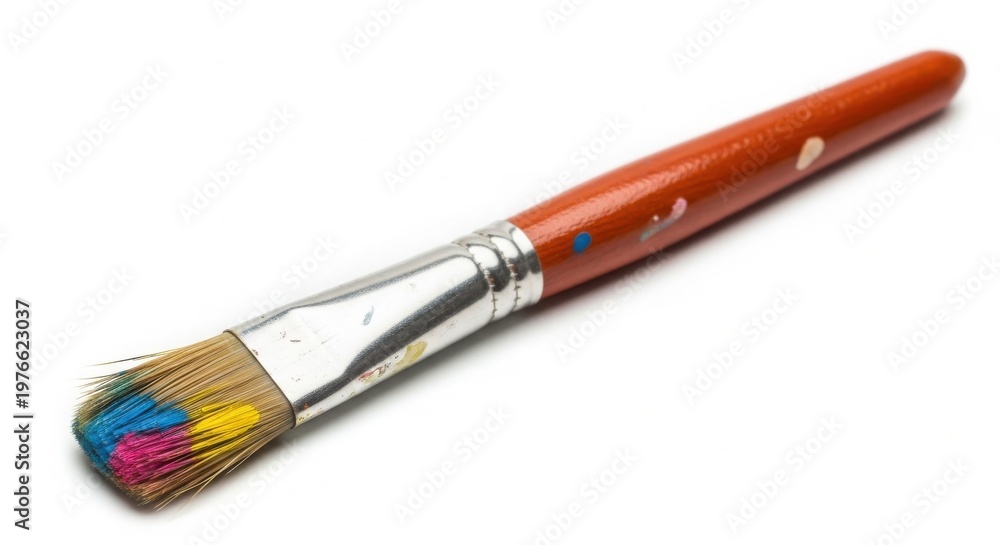 Obraz premium Artist Paintbrush with Blue Yellow and Pink Paint on Flat Bristles isolated on White Background
