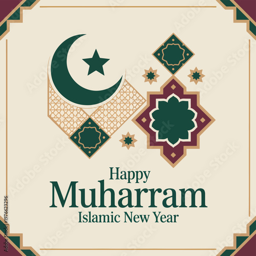 Happy Muharram Islamic New Year greeting card with crescent moon, star, and geometric tile patterns