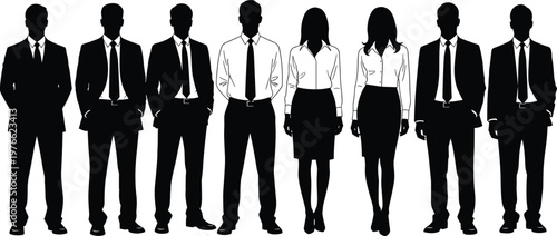 Business team silhouette illustration, corporate professionals standing in row, men and women formal attire, workforce unity leadership concept vector design