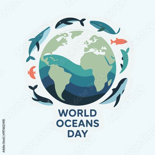 Oceans day with a globe surrounded by whales and fish on a light blue background, the Earth planet