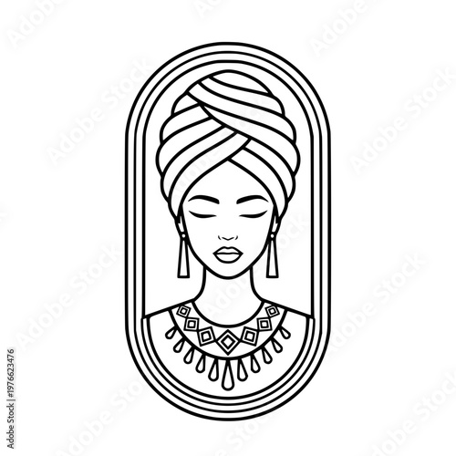 Line art illustration of African woman wearing turban and traditional jewelry