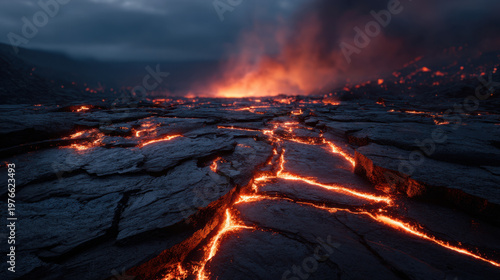 Molten lava flow volcanic fissure eruptive landscape dark rock glowing crack fiery magma smoke plume dramatic scene