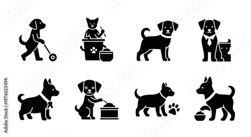 Dog and Cat Icons: Pet Care, Feeding, Walking, and Companionship Silhouettes