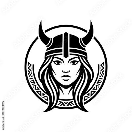 Beautiful viking woman with horned helmet vector logo in circular frame