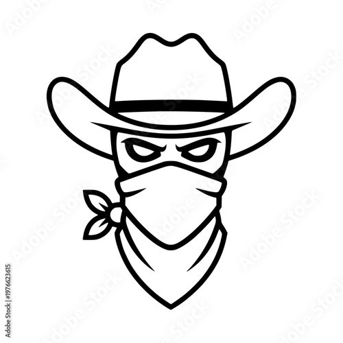 Cowboy bandit outlaw with bandana and hat line art illustration.