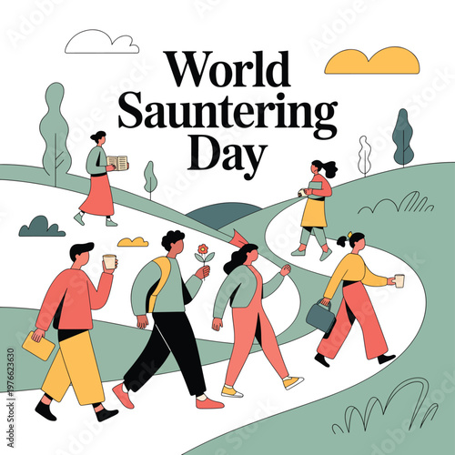 Sauntering day with people walking on a winding path in a park, flat style strolling