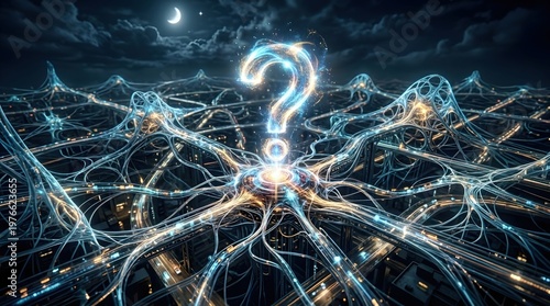 Glowing Question Mark Hovering Over a Complex Digital Network and Futuristic Highway System at Night