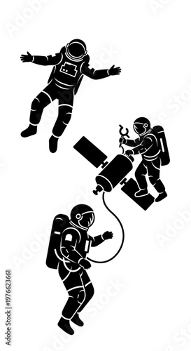 Astronauts performing spacewalk near satellite, space exploration, zero gravity