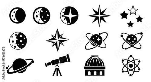 Astronomy Icons: Moon Phases, Stars, Telescope, Observatory, Planets, Atoms