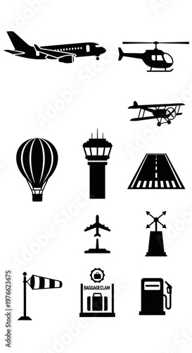 Aviation Icons: Airplane, Helicopter, Hot Air Balloon, Control Tower, Runway