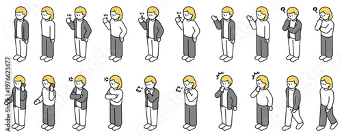 アイソメトリックイラスト：色々なポーズの男女