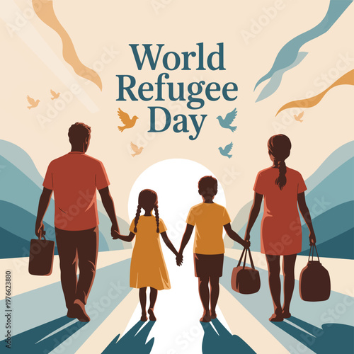 Family of four walking towards a bright horizon, refugee day with flying birds silhouette migration