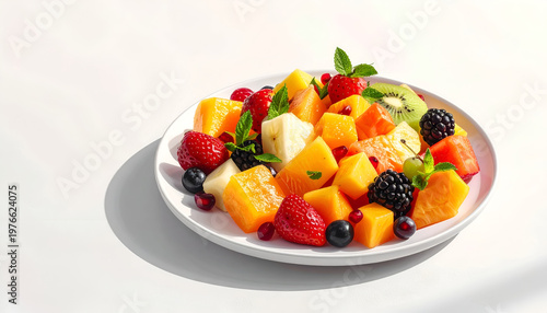 Fresh Fruit Salad on White Plate.