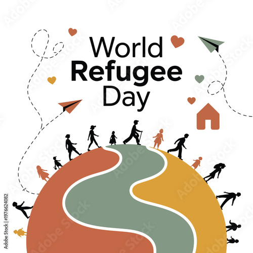 Refugee Day with silhouettes of people walking on a globe with paper airplanes