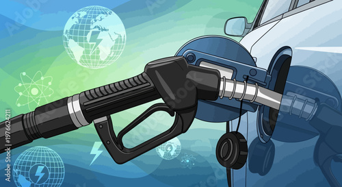Fuel pump nozzle filling a car's tank with global energy and environmental themes in the background.