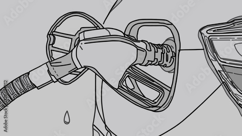 Detailed line art illustration of a gas pump nozzle filling a car's fuel tank, with fuel dripping.