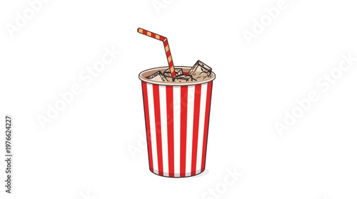 A refreshing cold drink in a red and white striped cup with ice and a straw.