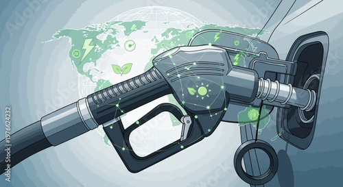 Fuel pump nozzle with global map and green energy icons, symbolizing sustainable energy and environmental consciousness.
