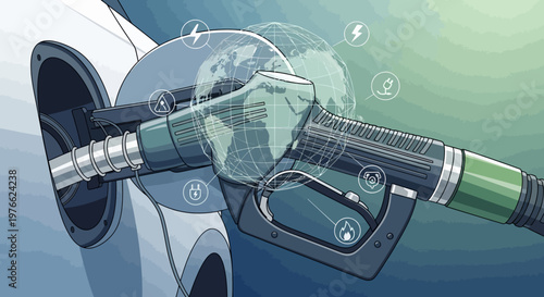 A fuel pump nozzle with a digital globe and energy icons inserted into a car's fuel tank, representing sustainable energy and environmental concerns.