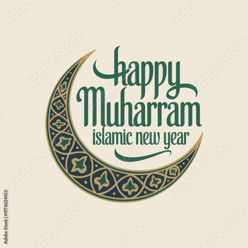 Happy Muharram Islamic New Year greeting with a crescent moon decorated in dark blue and gold