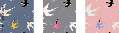 ツバメ柄のシームレス模様パターン背景スウォッチベクター