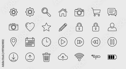 A collection of 35 minimalist outline icons representing various digital and everyday concepts, arranged in a grid on a light gray background.
