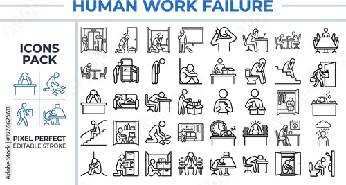 Workplace Mistake and Human Error Outline Vector Icons — Safety Risk, Failure, Incident