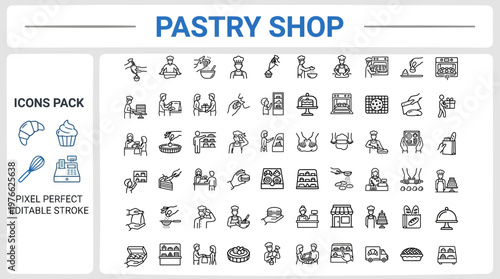 Pastry Shop Outline Vector Icons — Bakery, Dessert, Bread, Cake, Cafe Menu