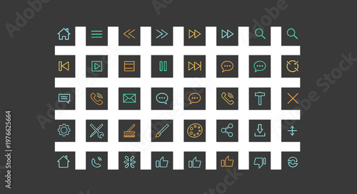 A comprehensive grid display of various outline digital interface icons on a dark background, representing common actions and functions.