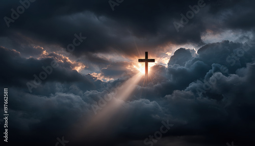 Dark cloud sky with cross and light beam, dramatic religious scene above storm cloud