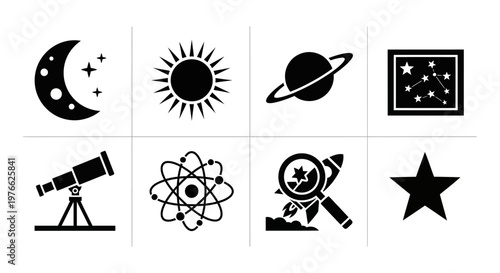 Space and Science Icons: Moon, Sun, Planet, Stars, Telescope, Atom, Rocket, Star