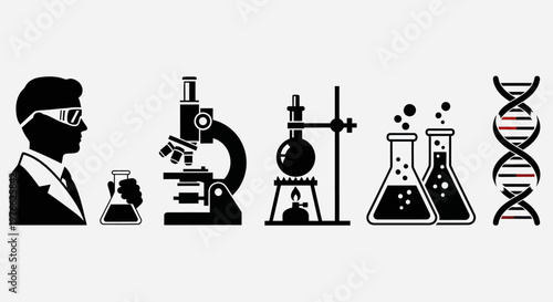 Science Laboratory Icons: Scientist, Microscope, Flasks, DNA Helix - Research and Discovery