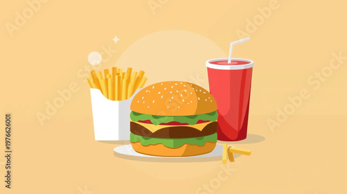 Flat illustration of a classic fast food meal with a cheeseburger, french fries, and a soda drink on a light background.