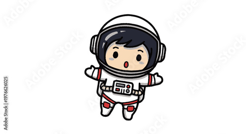 Adorable cartoon astronaut floating in space with open arms.