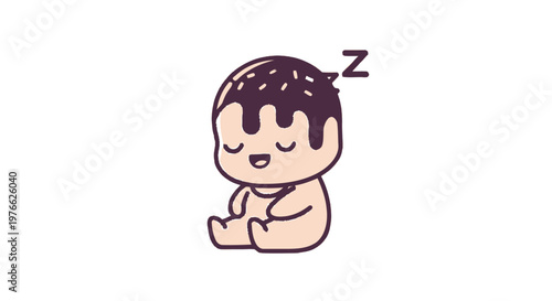 Adorable cartoon baby sleeping peacefully with chocolate frosting on head.
