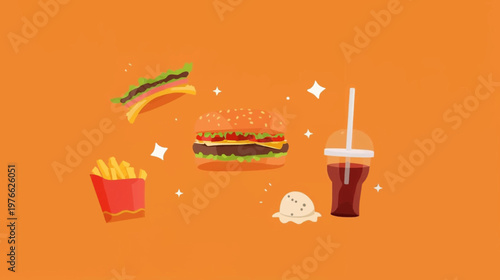Illustration of various fast food items including a burger, fries, hot dog, drink, and ice cream on an orange background.