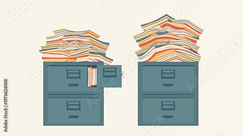Two overflowing filing cabinets with stacks of colorful papers, symbolizing disorganization and excessive paperwork.