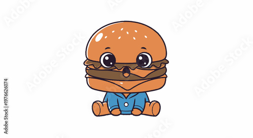 Adorable cartoon burger character wearing a blue shirt and smiling happily.