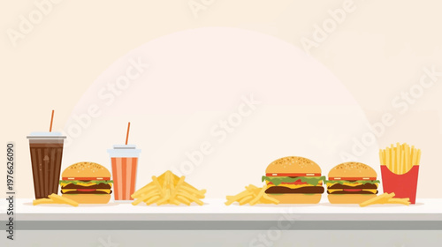 An illustration of various fast food items including burgers, fries, and drinks arranged on a table.
