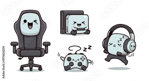 Adorable Cartoon Gaming Characters with Joyful Expressions and Playful Poses.