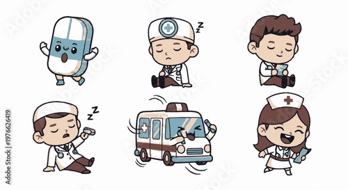 Cartoon Medical Professionals and Ambulance in a Healthcare Illustration.