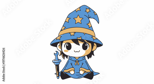 Adorable cartoon wizard character wearing a blue hat and robe.