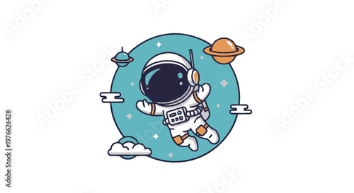 Astronaut Floating in Space with Planets and UFOs Illustration.