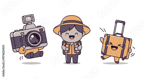 Adorable Cartoon Traveler with Camera and Suitcase Ready for Adventure.
