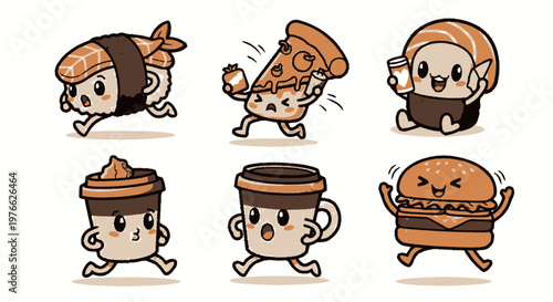 Adorable Food Characters Running with Joyful Expressions on White Background.
