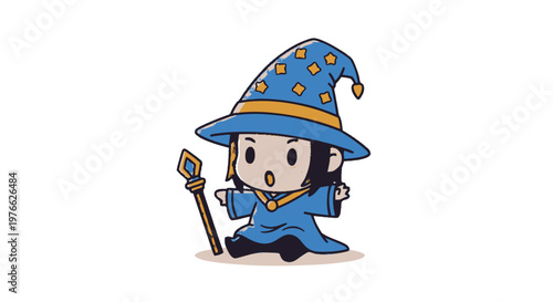 Adorable Cartoon Wizard with Blue Robes and Magic Wand.