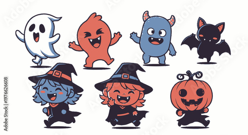 Adorable Halloween Characters in Cartoon Style, Isolated on White.